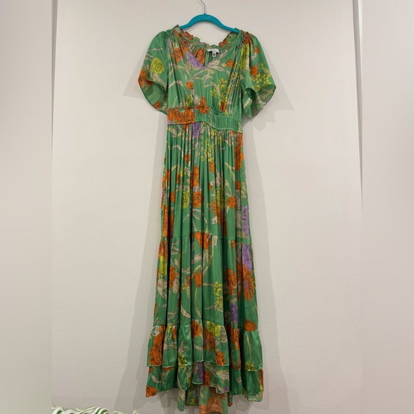 Current Air Women Green V Neck Flowy Floral Pattern Pleated Maxi Dress Size S - Picture 4 of 7
